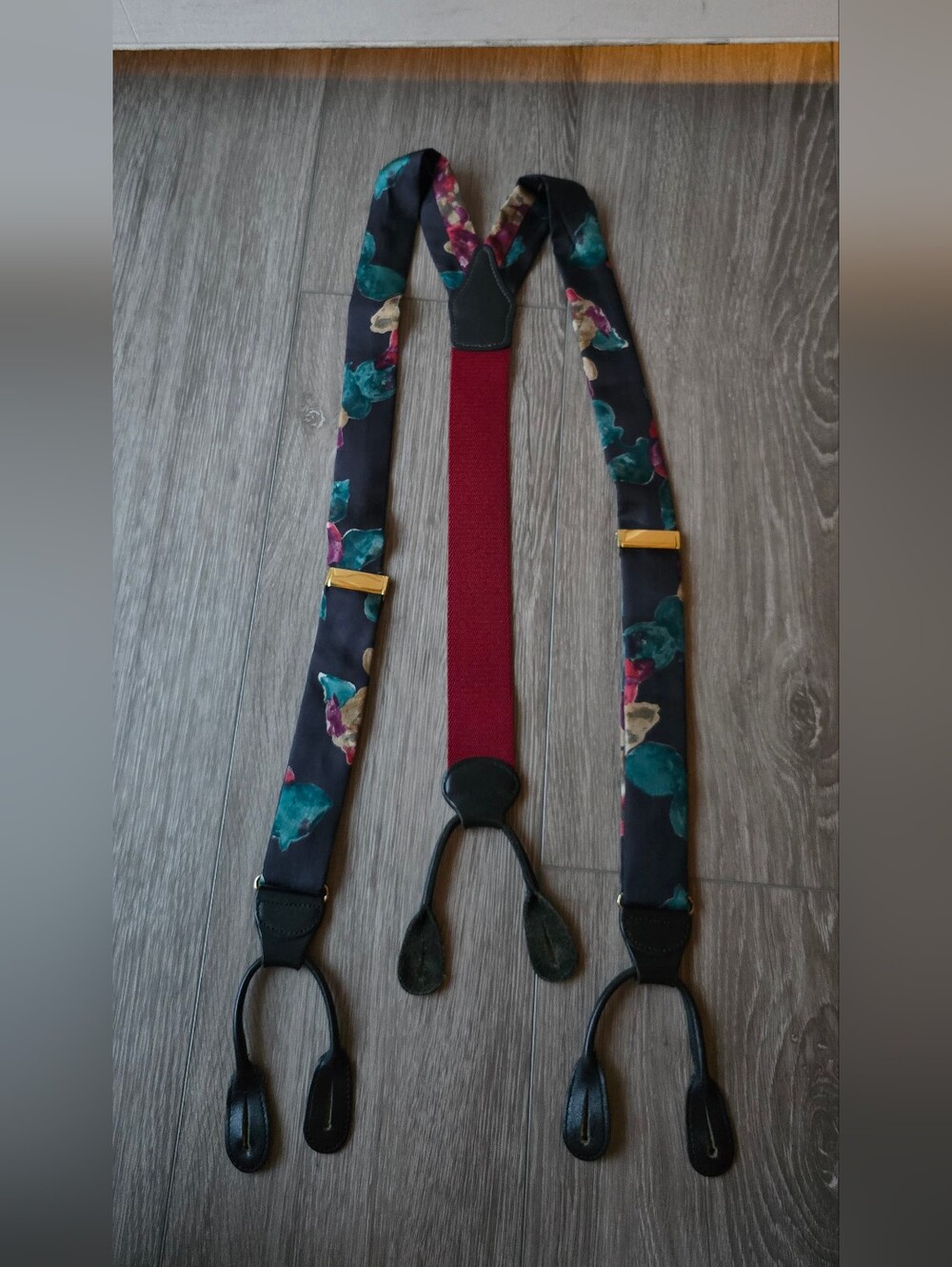 Barrons-Hunter Floral Silk Suspenders 36" Made in Virginia Navy Burgundy Gold